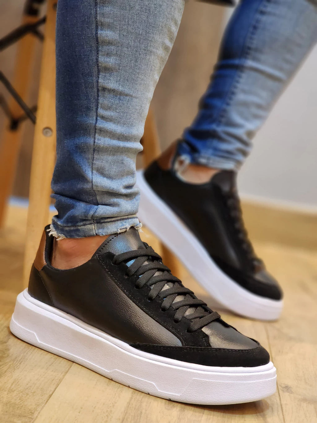 Tênis Masculino Sola Alta Casual Social Plataforma Preto Minimalista